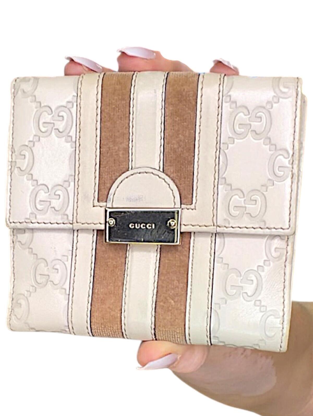 Gucci Cream Gg Monogram Bi-Fold Wallet With Web Stripe